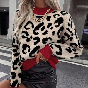 Multicolor Casual Women's Leopard Print Crew Neck Long Sleeve Pullover Sweater